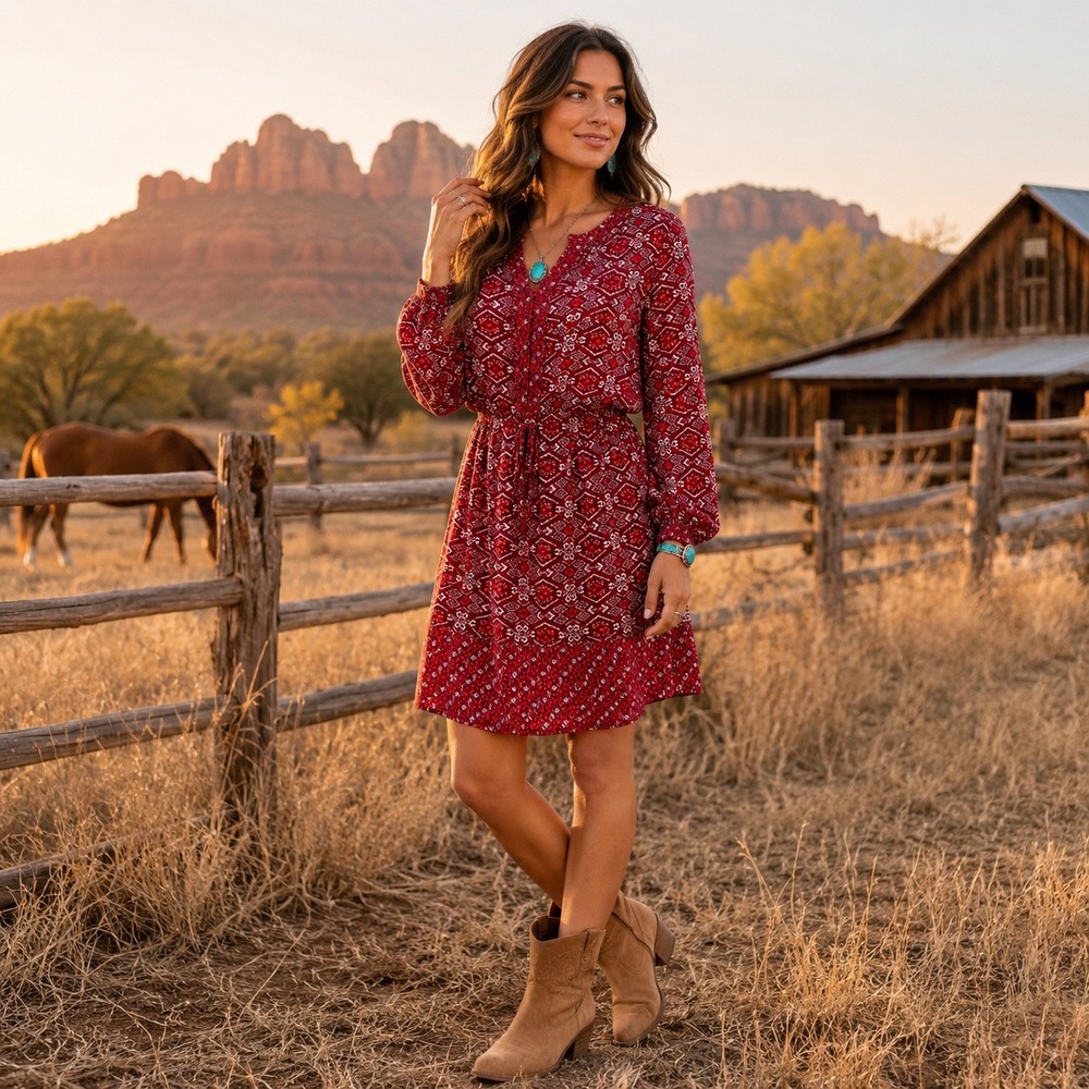 Alya Women Red Tribal Print Long Sleeve Mini Dress Size Medium 28443fr